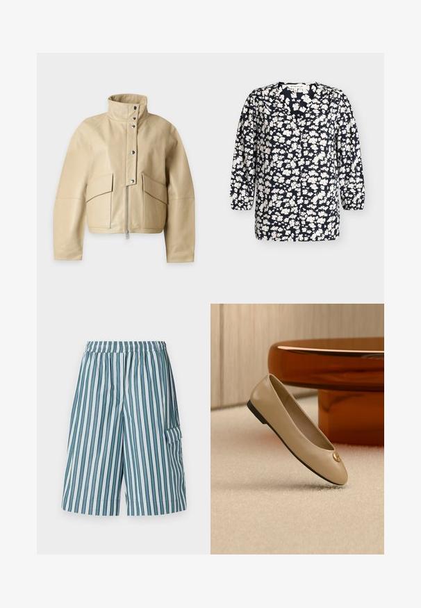 Lys beige læderjakke med høj krave, lynlås foran, trykknapper og to store klaplommer foran.; Mørkeblå bluse med hvidt blomsterprint, V-hals, lange ærmer med elastiske manchetter og knapper foran, størrelse 36.; Stribede shorts med elastisk talje, der har skiftende grønne, hvide og blå lodrette striber, samt en sidelomme. Letvægtsstof.; Beige læder balletflat med sort sål og guldemblem på tåen, placeret på cremefarvet tæppe ved siden af afrundet ravfarvet møbel.