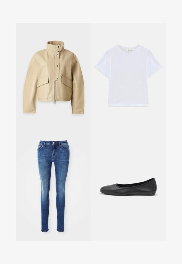 Lichtbeige leren jas met hoge kraag, frontrits, drukknoopsluiting en twee grote klepzakken aan de voorkant.; Witte cropped t-shirt van zacht katoen, met een ronde hals en korte mouwen in een iets ontspannen pasvorm. Geen patronen of accenten.; Blauwe denim skinny jeans met een zachte textuur, een middelhoge taille, vijf zakken en lichte vervaging op de bovenbenen. Voorzien van een metalen knoop en een ritssluiting.; Zwarte leren ballerina met een ronde neus, gladde textuur, minimale stikdetails en een flexibele zoolontwerp.