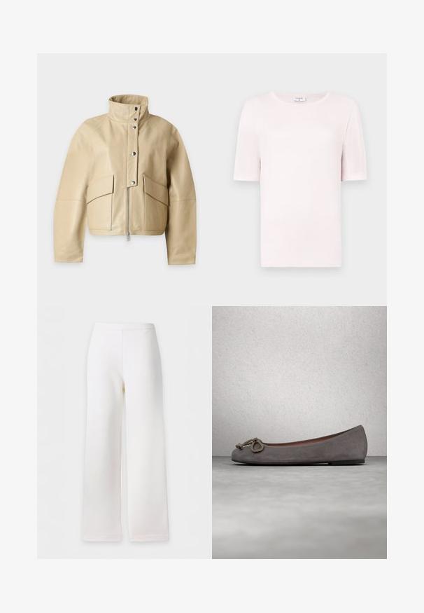 Lichtbeige leren jas met hoge kraag, frontrits, drukknoopsluiting en twee grote klepzakken aan de voorkant.; Lichtroze T-shirt met korte mouwen van zacht materiaal, met een ronde halslijn en een eenvoudig, recht gesneden ontwerp. Minimalistische stijl.; Witte broek met wijde pijpen, een hoge taille en een strak, minimalistisch ontwerp, getoond tegen een effen achtergrond.; Grijze suède ballerina's met een ronde neus, een geknoopt touwaccent en een subtiele contrasterende rand langs de rand. Platte, flexibele zool.
