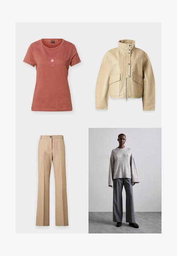 Veste en cuir beige clair avec col montant, fermeture éclair à l'avant, boutons-pression et deux grandes poches à rabat sur le devant.; T-shirt à manches courtes couleur rouille avec un col rond et un petit graphisme de soleil rose avec le texte "AMAR EL SOL" sur la poitrine.; Pantalon beige à jambe droite avec pli avant, fermeture par bouton et passants pour ceinture, présenté sur un fond uni.; Pull en maille gris avec des manches larges et un ourlet côtelé, assorti à un pantalon gris taille haute avec un motif à carreaux discret et des mocassins noirs.
