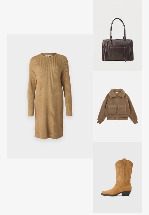 Ruskea teddy-fleece-takki, jossa suuret etutaskut, täysipitkä vetoketju, leveä kaulus sekä resorit hihansuissa ja helmassa.; Mekko, jonka pituus ulottuu polveen, ribstopinta ja vaaleanruskea väri. Pitkät hihat ja pyöreä kaula-aukko. Sivussa halkiot helpottavat liikkuvuutta.; Vaaleanruskea mokkainen cowboy-saapas, jossa on kärkiosa, koristetikkaukset pyörteilevässä kuviomallissa, keskipitkä korko ja vetokahva helppoa pukeutumista varten.; Tummanruskea nahkainen käsilaukku, jossa on kaksinkertaiset kahvat, etuosassa vetoketjutasku ja kaksi pystysuoraa sivuvetoketjua valkoisella taustalla.