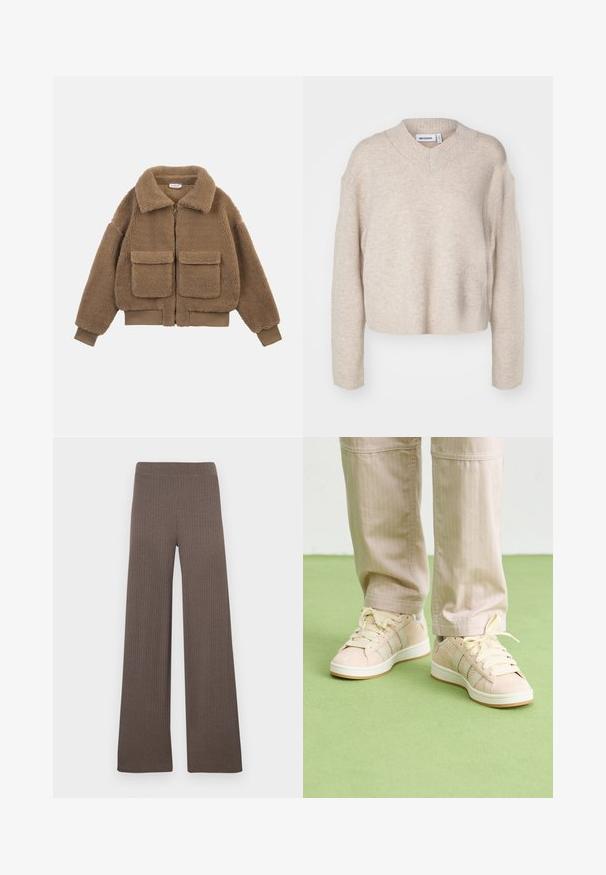 Braune Teddy-Fleecejacke mit großen Fronttaschen, durchgehendem Reißverschluss, weitem Kragen sowie gerippten Bündchen und Saum.; Weekday REESE V NECK - Strickpullover - light mole; Gerippte Wide-Leg-Hose in Dunkelbraun, mit elastischem Bund und weichem, strukturiertem Stoff.; Beige Sneaker mit strukturiertem Stoff, hellcremefarbigen Streifen und passenden Schnürsenkeln. Abgerundete Zehenpartie und weiße Gummisohle mit braunen Akzenten.