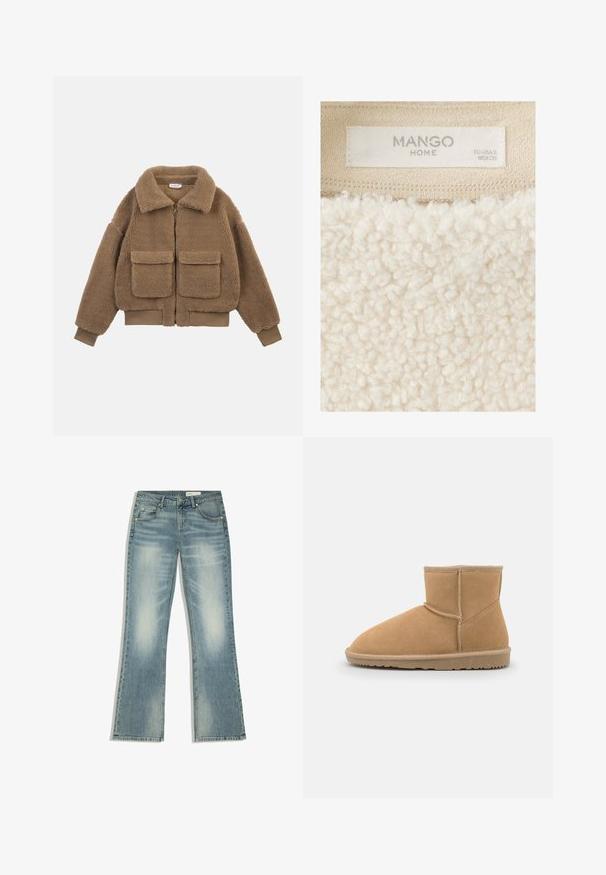 Braune Teddy-Fleecejacke mit großen Fronttaschen, durchgehendem Reißverschluss, weitem Kragen sowie gerippten Bündchen und Saum.; Nahaufnahme eines beigen, strukturierten Stoffkleidungsstücks mit einem aufgenähten Etikett, auf dem Mango Home und Größe EU US XS MEX CH steht.; Blau ausgebleichte Jeans mit geradem Bein, fünf Taschen, Gürtelschlaufen und Knopfverschluss, flach auf weißem Hintergrund liegend.; Beige Wildleder-Ankle-Boot mit abgerundeter Zehenpartie und gepolsterter Lasche, versehen mit kontrastierenden Nähten und einer strukturierten Gummisohle.