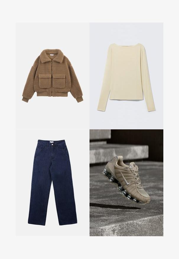 Καφέ fleece μπουφάν teddy με μεγάλες μπροστινές τσέπες, πλήρες φερμουάρ, φαρδιά γιακά και ριμπ μανσέτες και τελείωμα.; Μπεζ μακρυμάνικη εφαρμοστή μπλούζα με λαιμόκοψη σε σχήμα βάρκας, απλωμένη επίπεδα σε ανοιχτό φόντο.; Σκούρο μπλε τζιν παντελόνι με ίσια γραμμή, που διαθέτει μπροστινό κλείσιμο με κουμπί, θηλιές ζώνης και δύο μπροστινές τσέπες.; Μπεζ αθλητικό παπούτσι Nike με ασημένιες λεπτομέρειες και ελαστική σόλα στον αέρα πάνω από σκάλες από σκυρόδεμα με απαλό φωτισμό.