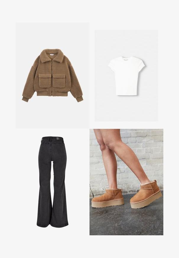 Veste en polaire marron façon ours en peluche avec grandes poches avant, fermeture éclair complète, large col et poignets et ourlet côtelés.; T-shirt blanc à manches courtes en coton doux, avec un col rond et une coupe ajustée. Pas de motifs ni d'ornements visibles.; Jean évasé noir avec une texture lisse, taille haute et un patch de marque à l'arrière. Dispose d'un design à jambe large et d'une coutures renforcées.; Bottines en suède marron avec une doublure en peluche, semelle épaisse en beige et une poignée à l'arrière. Surface texturée avec des détails de couture visibles.