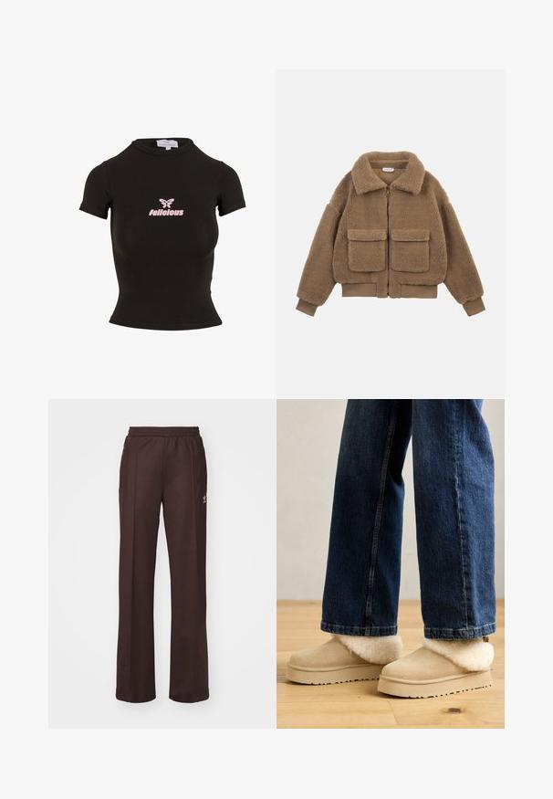 Bruine teddy fleecejack met grote zakken aan de voorkant, volledige ritssluiting, brede kraag en geribbelde boorden en zoom.; Zwarte korte mouwen crop top gemaakt van rekbaar materiaal. Heeft een roze "felicious" logo en een vlinderafbeelding op de voorkant.; Bruine sportieve broek met een elastische tailleband, twee zijzakken en een klein logo aan de linkerzijde, gemaakt van een zachte stof.; Beige suède enkellaarzen met een pluche, crèmekleurige bontkraag. Platte zool met een gestructureerd oppervlak, gecombineerd met donkerblauwe wijde jeans.