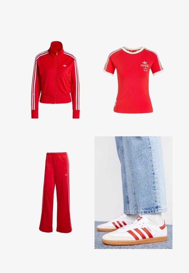 Rød lynlåsjakke med høj krave, hvidt tre-stribet design på ærmerne og lille hvidt logo på brystet. Glat stoftekstur.; Rød Adidas T-shirt med korte ærmer, hvide striber på ærmerne, hvid krave og Coca-Cola-logo med teksten "Ice Cold" på brystet.; Røde atletiske bukser med brede ben, elastisk talje og sidelomme med lynlås. Har et lille hvidt logo på venstre side. Glat tekstur.; Hvide lædersneakers med røde striber og accenter. Har en tekstureret gummisål og polstret krave. Bæres med lyseblå denim.