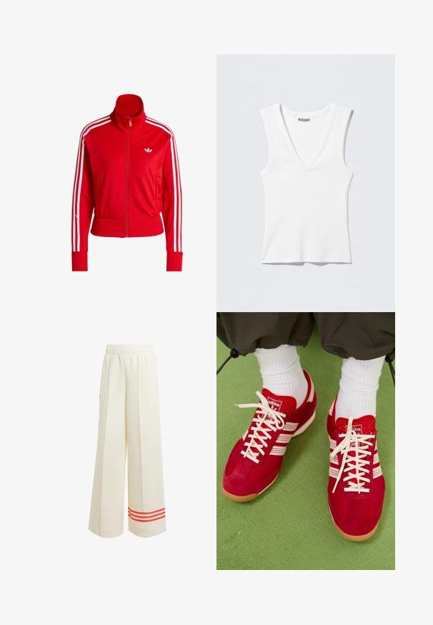 Rød lynlåsjakke med høj krave, hvidt tre-stribet design på ærmerne og lille hvidt logo på brystet. Glat stoftekstur.; Hvid rødternet ærmeløs tanktop med V-hals og WEEKDAY-mærke indeni ved halsudskæringen, lagt fladt på en lys baggrund.; Cremefarvede bukser med brede ben og tekstureret finish, der har en afslappet pasform, elastisk talje og røde striber ved kanten.; Røde ruskind og mesh sportssko med hvide striber og snørebånd. Gummisål. Båret med hvide ribbede sokker på en grøn tekstureret overflade.