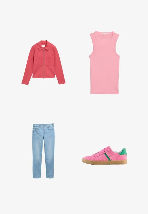 Roze zip-up jack van textiel met een gestructureerde stof, voorzien van een kraag en twee voorzakken.; Roze geribde tanktop met een ronde halslijn en zonder mouwen. Gemaakt van rekbare stof, heeft een rechte zoom en subtiele stikdetails.; Lichtblauwe denim jeans met een getailleerd ontwerp, vijf zakken en een knoopsluiting met vijf zichtbare knopen. Glad textuur en klassieke snit.; Roze suède sneakers met groene hielaccent en strepen. Heeft een ronde neus, vetersluiting aan de voorkant en een gumrubberen zool. Geperforeerde details aan de zijkanten.