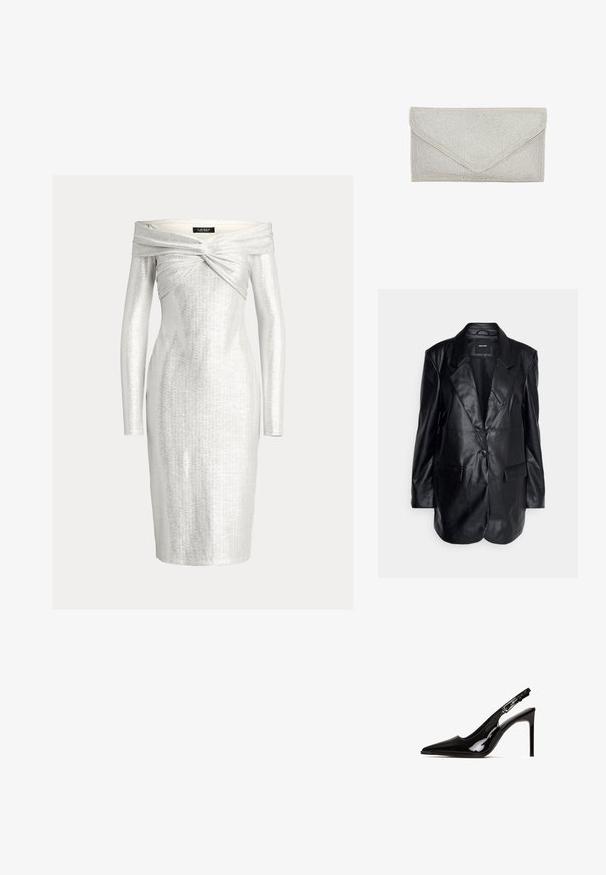 Vero Moda Tall VMOLIVIA - Korte frakker - black; Sølvfarvet off-shoulder kjole med lange ærmer, der har et snoet bodice-design og en tætsiddende silhuet. Glat, metalagtig stof.; Sort patentlæder slingback hæl med spids tå og stiletto hæl. Har et udsnit design og justerbar rem med metalhardware.; Sølv clutch taske med en tekstureret overflade af små, skinnende perler. Har en kuvertform og en trekantet flaplukning.