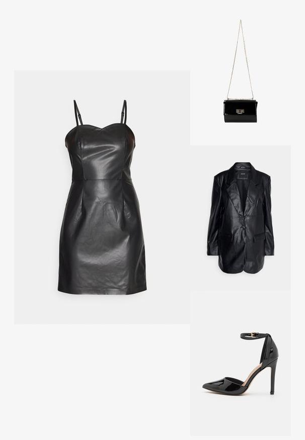 Vero Moda Tall VMOLIVIA - Korte frakker - black; ONLY ONLDINA FAUX LEATHER DRESS - Cocktailkjole / festkjole - black; Sorte patentlæder højhælede sko med spids tå, ankelrem og slank stiletthæl. Glat tekstur med skinnende finish.; Sort patentlæder håndtaske med en guldkæde-strop, rektangulær form, med en frontklaplukning og et metallisk logo-accent.