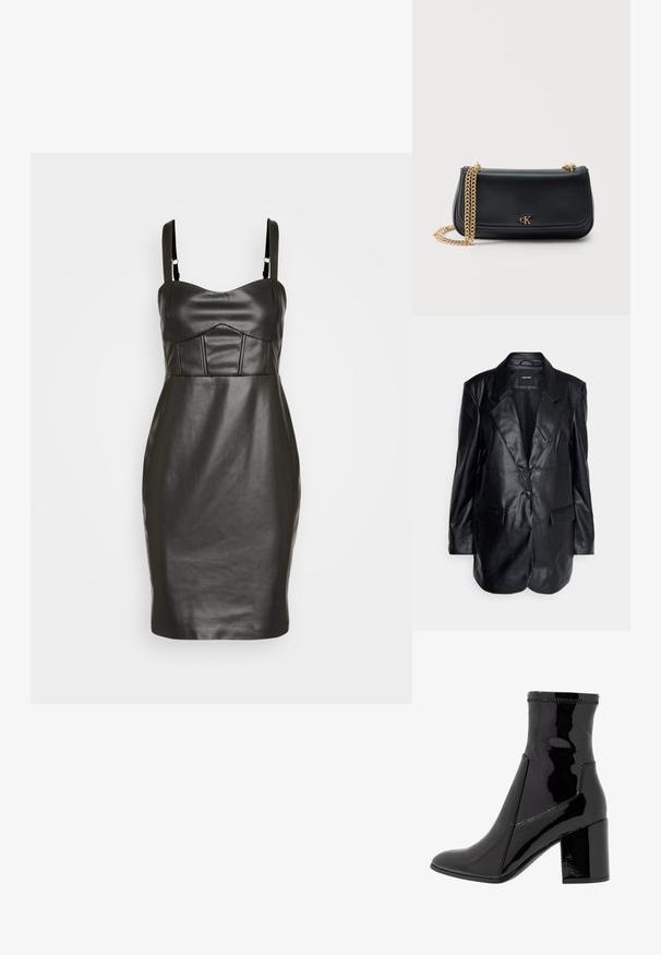Vero Moda Tall VMOLIVIA - Krátky kabát - black; Čierne šaty z umelého koženého materiálu s tesným strihom, tenkými ramienkami a štruktúrovaným, vypchávkovaným korzetom s vertikálnymi švami. Hladká textúra.; Čierne lakované členkové čižmy s hladkým povrchom, špicatou špičkou a pevným blokovým opätkom. Disponujú dizajnom bez zipsu a kontrastným prešívaním.; Čierna kožená kabelka cez rameno so zlatým reťazovým popruhom a malým zlatým logom „cK“ v strede prednej chlopne na jednoliatom pozadí.