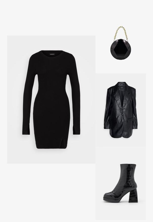 Vero Moda Tall VMOLIVIA - Korte frakker - black; Sort ribbet strikkjole med lange ærmer, rund halsudskæring, sideslidser og tætsiddende silhuet, der fremhæver en glat tekstur og minimalistisk design.; Even&Odd by Zalando Plateaustøvletter - black; Blank sort rund håndtaske med sekskantet mønster og kort håndtag lavet af store gyldne perler.
