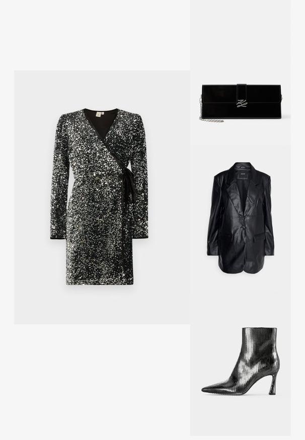 Vero Moda Tall VMOLIVIA - Manteau court - black; Robe portefeuille noire couverte de paillettes argentées, avec des manches longues, un décolleté en V, une taille cintrée avec un lien, et un contraste de finitions noires.; Bottine noire à bout pointu, talon fin de hauteur moyenne et surface texturée brillante ressemblant à des sequins.; Pochette rectangulaire noire brillante avec bretelle chaîne argentée et fermoir aux initiales argentées entrelacées sur le rabat avant.