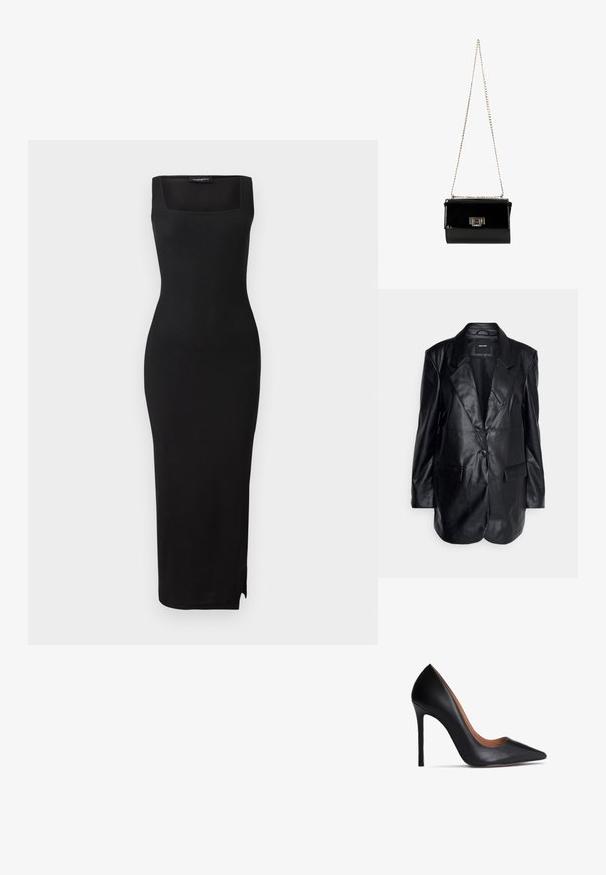 Vero Moda Tall VMOLIVIA - Korte frakker - black; Sort ribbet strikket midi-kjole med firkantet udskæring, tætsiddende silhuet og slids i siden. Materialet har en glat tekstur. Simpelt design.; Sort læder højhælede sko med spids tå og glat overflade. Har en slank stiletto-hæl og hævet svangdesign.; Sort patentlæder håndtaske med en guldkæde-strop, rektangulær form, med en frontklaplukning og et metallisk logo-accent.