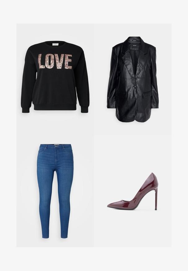Vero Moda Tall VMOLIVIA - Kurzmantel - black; ONLY Carmakoma CARKATYA LOVE O NECK - Sweatshirt - black; Blaue schmale Jeans aus Denim mit mittelhoher Taille, fünf Taschen und subtilen Abnutzungsspuren. Klassische Nähte und Metallknopfdetails.; Burgunderfarbene Lackleder-Pumps mit spitzem Zehenbereich und schlankem Design; ausgestattet mit einem Stiletto-Absatz und glatter, glänzender Textur.