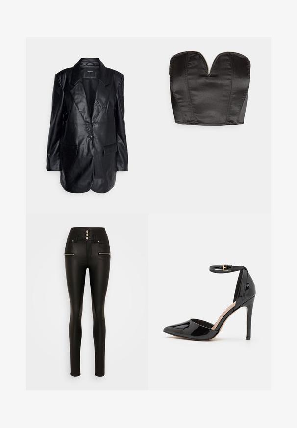 Vero Moda Tall VMOLIVIA - Manteau court - black; Vero Moda VMSALLY CROPPED SIMILI CORSAGE - Débardeur - black; Vero Moda Tall VMDONNA - Pantalon classique - black; Escarpin en cuir verni noir avec un bout pointu, une bride de cheville et un talon aiguille fin. Texture lisse avec une finition brillante.