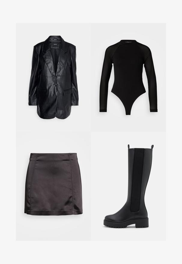 Vero Moda Tall VMOLIVIA - Manteau court - black; Bodysuit noir à manches longues avec col haut, doté d'un tissu solide sur le torse et de manches en maille transparente, conçu dans une coupe ajustée.; Gina Tricot RIO SKIRT - Minijupe - black; Bottes noires montantes en cuir lisse, avec des panneaux élastiques sur les côtés et une semelle épaisse texturée pour une meilleure adhérence.