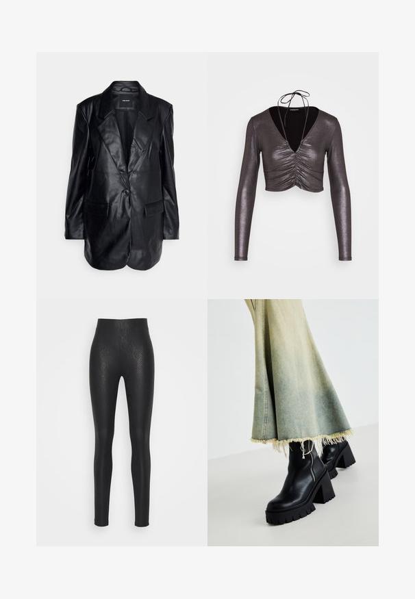 Vero Moda Tall VMOLIVIA - Krátky kabát - black; Even&Odd by Zalando Top s dlhým rukávom - black/silver; Čierne legíny s textúrovaným hadím vzorom, vyrobené z elastického materiálu, s vysokým pásom a zúženým strihom až k členkom.; Čierne kožené členkové topánky s robustnou textúrovanou podošvou, spárované so zodratou džínsovou sukňou s fraktúrovanými okrajmi. Detail so zipsom na boku.