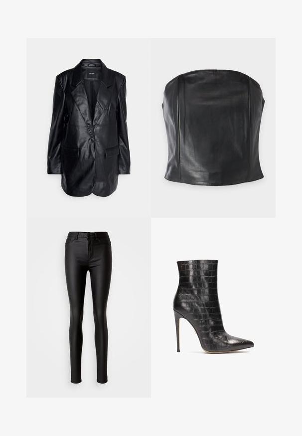 Vero Moda Tall VMOLIVIA - Korte frakker - black; Sort læder strapless top med en tætsiddende pasform, glat tekstur og subtile sømme langs kroppen for et skræddersyet udseende.; Sorte faux læder skinny jeans med en glat overflade, høj talje, knaplukning og traditionelt fem-lomme design.; Sorte læder ankelstøvler med krokodilleskinds tekstur, spidse tæer og høj stilettohæl, der har en blank finish.