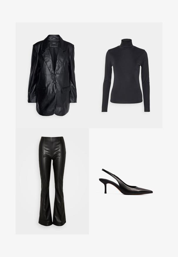Vero Moda Tall VMOLIVIA - Kurzmantel - black; Schwarzes Langarm-Turtleneck-Oberteil aus einem glatten, dehnbaren Stoff. Hat ein figurbetontes Design und einen hohen Kragen. Minimalistischer Stil, keine sichtbaren Muster.; ONLY ONLIDINA FLARE PANT - Stoffhose - black; NA-KD Pumps - black