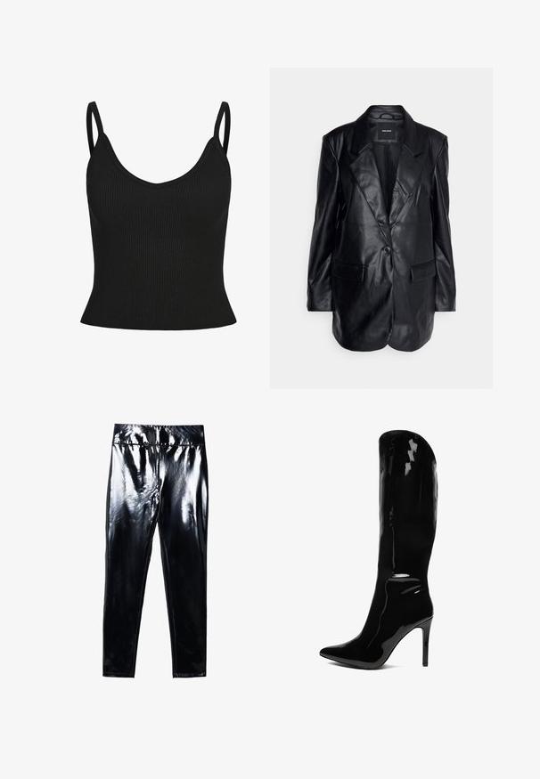 Vero Moda Tall VMOLIVIA - Krátky kabát - black; Čierny rebrovaný top na ramienka s tenkými popruhmi, výstrihom do "V", priliehavým strihom a textúrovanou tkaninou. Žiadne ďalšie vzory alebo akcenty neviditeľné.; Čierne legíny s vysokým leskom s lesklým, hladkým povrchom. Elastický pás a priliehavý strih s užším tvarom nohavíc.; Knee-high, lesklé čierne lodičky na vysokom opätku s špicatou špičkou. Hladká textúra a vysoký dizajn vytvárajú elegantný, telu priliehajúci siluetu.