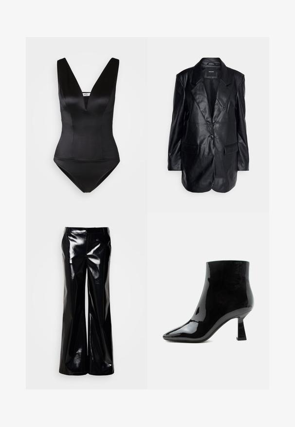 Vero Moda Tall VMOLIVIA - Manteau court - black; Maillot de bain une pièce noir avec un décolleté en V plongeant, finition satinée lisse et design ajusté. Pas de motifs ni d'ornements visibles.; Pantalon noir à jambes larges en matériau brillant et lustré ; présente une texture lisse et une taille ajustée sans fermetures ni ornements visibles.; Bottine noire en cuir verni brillant avec bout pointu et talon mi-haut évasé sur fond blanc.
