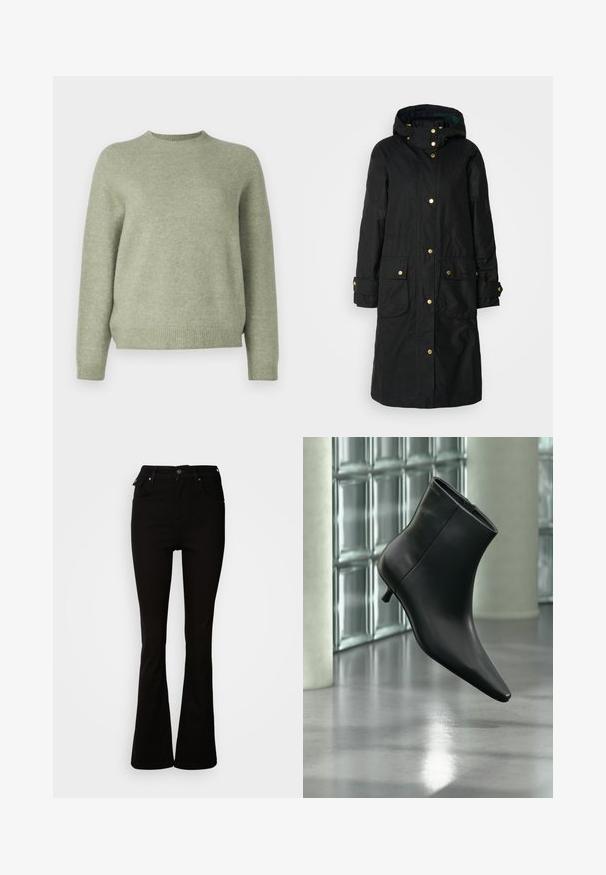 Manteau noir imperméable avec une capuche, boutons pression dorés, deux poches avant et un tissu légèrement texturé pour la chaleur et la durabilité.; DRYKORN PEMIRI - Pullover - green; Jean noir évasé en denim, avec une taille haute, des poches avant, et un design classique à cinq poches avec des accents en métal.; Bottine en cuir noir à bout pointu et petit talon kitten, présentée en angle devant un sol poli et un mur en blocs de verre.