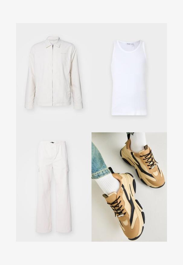 Veste à zip blanche en tissu doux. Elle dispose d'un col pointu, de manches longues et d'un logo discret sur la poitrine.; Débardeur en coton blanc avec un col rond et des bretelles larges. Texture lisse, sans motifs, design épuré et étiquette de marque au niveau du col.; Denim Project DPMDPPARACHUTE CARGO PANTS - Pantalon cargo - jet stream; Steve Madden POSSESS - Baskets basses - khaki