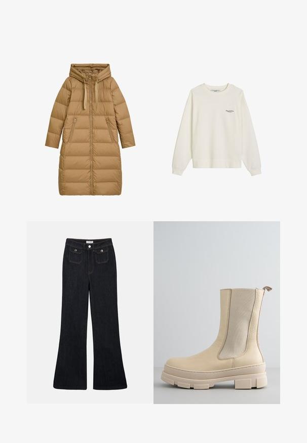 Lange, kameelbruine, doorgestikte pufferjas met capuchon, volledige ritssluiting aan de voorkant, twee zijvakken met rits en trekkoorden aan de capuchon.; Crèmekleurige longsleeve sweater met ronde hals en klein "Marc O'Polo Denim"-logo op de linkerborst.; Flared donkerdenim jeans met een hoge taille, twee voorzakken en oranje stiksels. Het materiaal lijkt stevig en glad.; Beige leren midkuitlaars met grove, gestructureerde zool en elastisch zijpaneel.