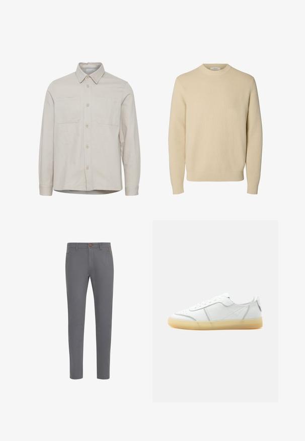 Beige langærmet skjorte med krave, to brystlommer, knapper foran og lige kant. Lavet af et glat stof.; Enkel beige crewneck striktrøje med lange ærmer og ribstrikkede manchetter og kant.; Grå bomuldsbukser med et tætsiddende design, der har en knaplukning, standardlommer og en glat tekstur.; Hvid lavtop læder sneaker med beige gennemsigtig sål, snørelukning foran og minimal syning, vist fra siden mod en ensfarvet baggrund.