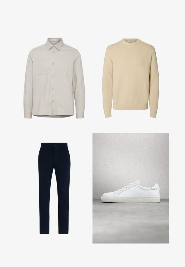 Chemise beige à manches longues avec col, deux poches poitrine, boutons à l'avant et ourlet droit. Fabriquée dans un tissu lisse.; Pull tricoté beige uni à col rond, manches longues avec poignets et bas côtelés.; Chinos bleu marine en tissu doux et résistant. Comprend une fermeture à bouton, des passants de ceinture et un design à jambe droite. Pas de motifs visibles.; Sneaker blanche avec une tige en cuir lisse et un profil bas. Présente un bout arrondi, six œillets et une semelle en caoutchouc texturé.