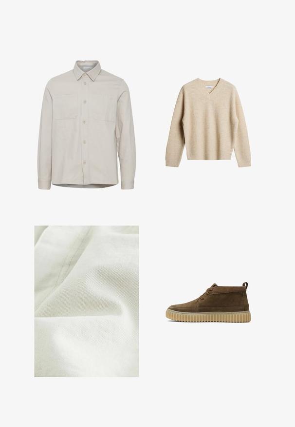 Beige shirt met lange mouwen en een kraag, voorzien van twee borstzakken, knopen aan de voorkant en een rechte zoom. Gemaakt van een gladde stof.; Beige, geribbelde trui met V-hals en lange mouwen. Heeft een ontspannen pasvorm en een gestructureerde stof voor extra warmte en comfort.; Licht crèmekleurige stof met een subtiele textuurweef, met fijne diagonale lijnen en zachte kreukels. Ideaal voor kleding of accessoires.; Bruine suède enkellaarzen met een ronde neus, minimale stiksels en een gestructureerde, dikke rubberen zool. Voorzien van een vetersluiting en een hieltab.