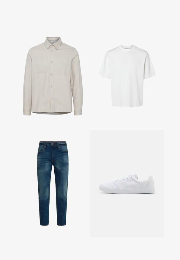 Beiges langärmliges Hemd mit Kragen, zwei Brusttaschen, vorderen Knöpfen und geradem Saum. Hergestellt aus einem glatten Stoff.; Schlichtes weißes T-Shirt mit kurzen Ärmeln, Rundhalsausschnitt und lockerem Schnitt, abgebildet auf weißem Hintergrund.; Blaue Denim-Jeans mit geradem Bein, frontaler Knopfleiste und Reißverschluss sowie fünf Taschen, gezeigt vor weißem Hintergrund.; Weiße Leinenschuhe mit Gummisohle, ausgestattet mit sechs Ösen, einer strukturierten Zehenkappe und minimalistischer Gestaltung.