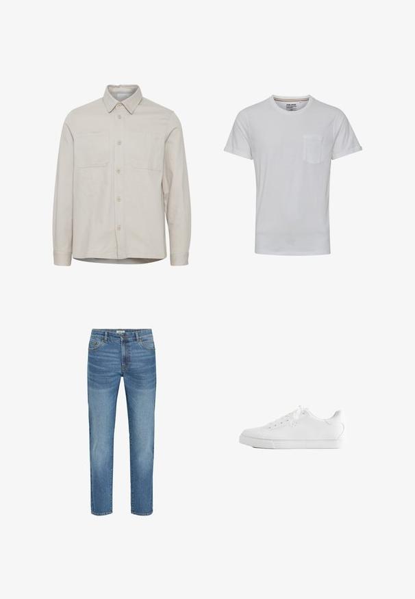 Beiges langärmliges Hemd mit Kragen, zwei Brusttaschen, vorderen Knöpfen und geradem Saum. Hergestellt aus einem glatten Stoff.; Weißes Kurzarm-T-Shirt mit rundem Halsausschnitt und einer Brusttasche. Aus einem weichen Stoff gefertigt, mit umgeschlagenen Ärmeln und einem lockeren Schnitt.; Hellblaue Jeans aus Denim mit klassischem geradem Bein, ausgestattet mit fünf Taschen, Metallknopfverschluss und leichtem Verblassen des Stoffes.; Weißer Low-Top-Sneaker mit Schnürsenkeln, glattem Lederobermaterial und flacher Gummisohle, seitlich auf weißem Hintergrund gezeigt.