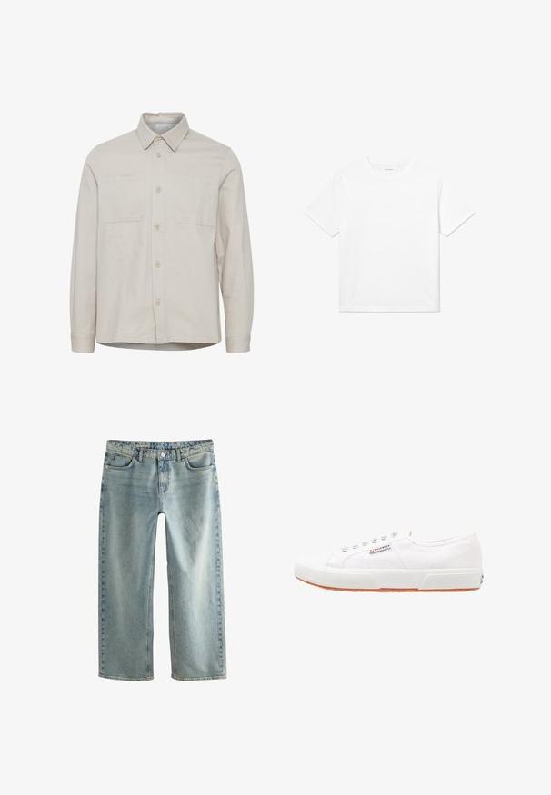 Beiges langärmliges Hemd mit Kragen, zwei Brusttaschen, vorderen Knöpfen und geradem Saum. Hergestellt aus einem glatten Stoff.; Weißes Baumwoll-T-Shirt mit kurzen Ärmeln, rundem Halsausschnitt und geradem Saum. Glatte Textur ohne sichtbare Muster oder Akzente.; Hellblaue, bequeme Baggy-Jeans aus Denim mit geradem Bein, fünf Taschen und sichtbarem Knopfverschluss.; Weiße Leinensneaker mit Gummisohle, Schnürdesign und einem kleinen Logolabel an der Seite. Strukturierte weiße Oberseite und braune Außensohle.