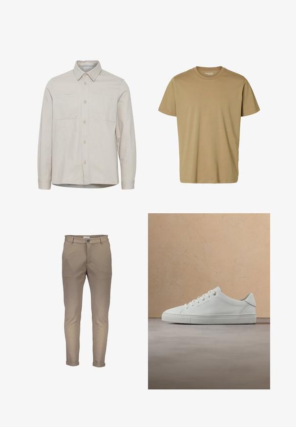 Beige langærmet skjorte med krave, to brystlommer, knapper foran og lige kant. Lavet af et glat stof.; Almindelig beige t-shirt med korte ærmer og rund hals uden synlige mønstre eller logoer vist på en hvid baggrund.; Beige bomuldsblanding bukser med en tætsiddende pasform, der har knaplukning, bæltestropper og opviklede manchetter. Glat tekstur med rene syninger.; Hvid læderlav-top sneaker med snørebånd, placeret i luften over et struktureret beige tæppe, tæt på et rundt træ sofabord med bøger.