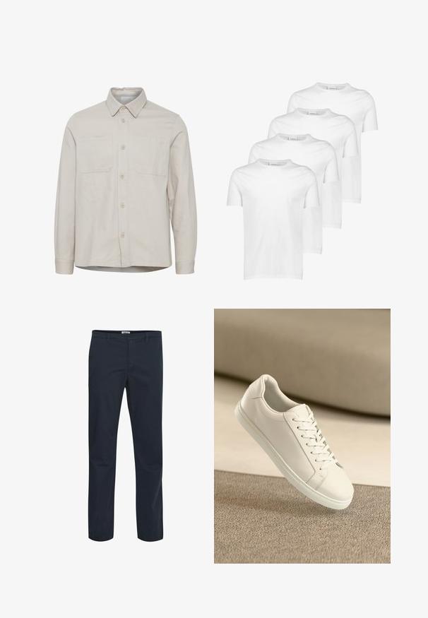 Beige langærmet skjorte med krave, to brystlommer, knapper foran og lige kant. Lavet af et glat stof.; Hvide bomulds T-shirts, kortærmede, rund halsudskæring, glat tekstur, stableret i fire stykker med ensartet design uden mønstre eller accenter.; Mørkeblå bukser lavet af en blanding af bomuldsstof. Har et klassisk design med forlommer og lynlås. Glat tekstur.; Hvide lædersneakers med hvide snørebånd, præsenteret på en beige tekstureret overflade og med en blødt uskarp baggrund.