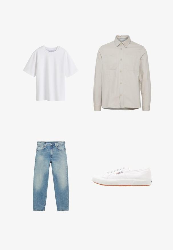 Chemise beige à manches longues avec col, deux poches poitrine, boutons à l'avant et ourlet droit. Fabriquée dans un tissu lisse.; T-shirt blanc uni en coton à manches courtes avec col rond, présenté de face sur fond blanc.; Jean droit en denim bleu avec poches avant et passants de ceinture, présentant des détails légèrement décolorés sur les cuisses et les genoux.; Baskets en toile blanches avec une semelle en caoutchouc, design à lacets et une petite étiquette logo sur le côté. Tige blanche texturée et semelle extérieure marron.