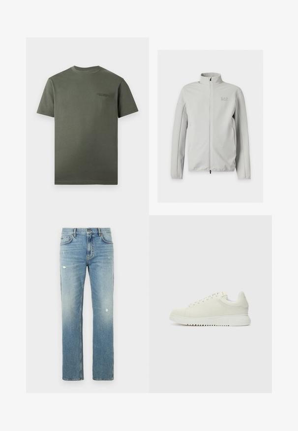 Veste zippée gris clair avec col montant, tissu texturé, manches longues et logo EA7 discret sur le côté gauche de la poitrine.; T-shirt uni vert foncé à manches courtes avec col rond et petit logo texte subtil sur le côté gauche de la poitrine.; Jean en denim bleu clair avec une coupe droite, présentant des zones délavées et de petites déchirures. Design classique à cinq poches et passants pour ceinture.; Baskets blanches en cuir avec un dessus texturé, bout rond, semelle plate blanche et lacets ton sur ton. Marque discrète sur la languette.