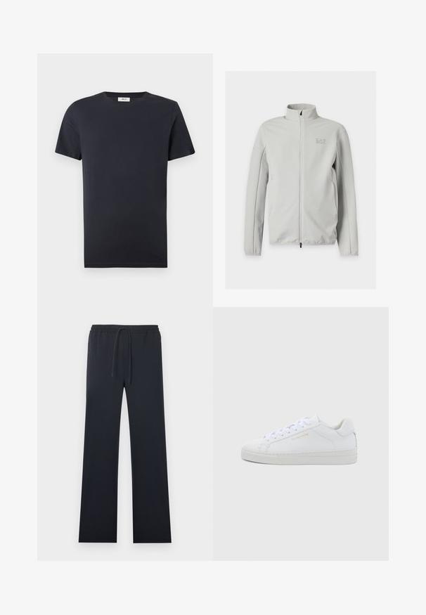 Veste zippée gris clair avec col montant, tissu texturé, manches longues et logo EA7 discret sur le côté gauche de la poitrine.; T-shirt noir uni à manches courtes et col rond, avec une petite étiquette blanche à l'intérieur du col, sur fond blanc.; Pantalon noir droit avec taille élastique et cordon de serrage ajustable, doté de poches latérales à fermeture éclair.; Baskets basses en cuir blanc avec bout rond, lacets plats, semelle texturée et logo discret doré sur le côté. Surface lisse et design minimaliste.