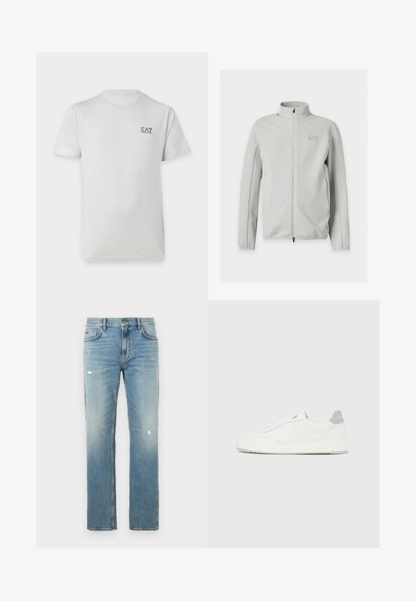 Veste zippée gris clair avec col montant, tissu texturé, manches longues et logo EA7 discret sur le côté gauche de la poitrine.; T-shirt blanc manches courtes col rond avec petit logo noir EA7 Emporio Armani sur le côté gauche de la poitrine.; Jean en denim bleu clair avec une coupe droite, présentant des zones délavées et de petites déchirures. Design classique à cinq poches et passants pour ceinture.; Baskets basses blanches avec un onglet de talon gris, des lacets blancs et une semelle texturée, présentées sur un fond uni clair.