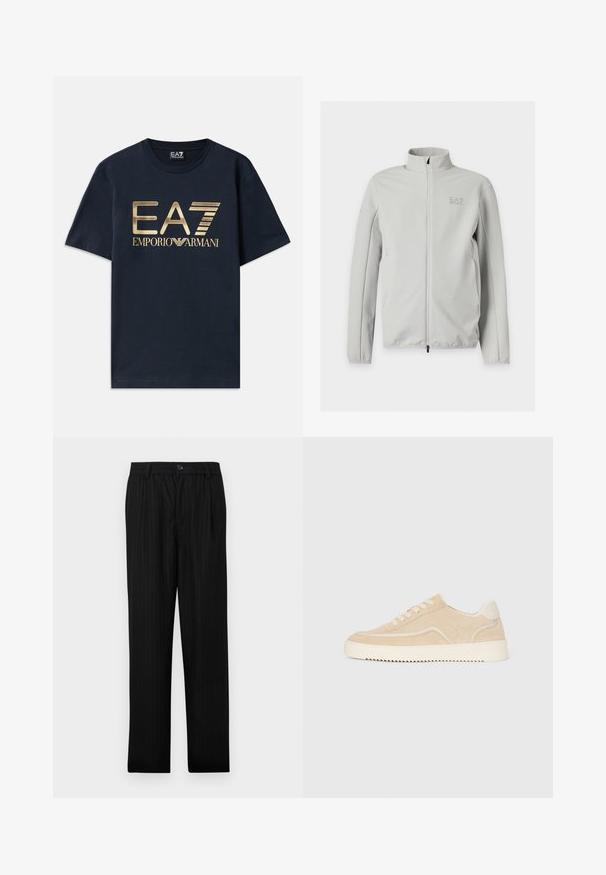 Lysegrå lynlåstrøje med høj krave, tekstureret stof, lange ærmer og subtil EA7-logo på venstre bryst.; Marineblå bomulds T-shirt med en stor gylden trykt "EA7" logo og "EMPORIO ARMANI" tekst på fronten. Rund hals og korte ærmer.; Sorte bukser med nålestriber og en afslappet pasform, der har lukning med knapper foran og bæltestropper. Fremstillet af et glat stof med subtil tekstur.; Beige ruskinds sneakers med hvid sål og snørebånd, lavtop design og zigzag mønster på sålen.
