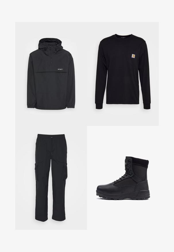 Schwarze Pulloverjacke mit halbem Reißverschluss, elastischen Bündchen und großer Fronttasche; ausgestattet mit einer Kapuze und einem Markenlogo auf der Brust.; Schwarzes Langarmshirt aus Baumwolle. Verfügt über eine Brusttasche mit einem quadratischen grauen Etikett und orangefarbigem Logo. Einfaches, einfarbiges Design.; Schwarze Cargo-Hosen aus gewebtem Stoff. Mit verstellbarem Bund, Seitentaschen und zwei Utility-Taschen mit Reißverschlüssen.; Schwarzer taktischer Stiefel mit einem glatten Lederoberteil und Stoffpaneelen, hoher Knöchelgestaltung, schnürbarem vorderen Teil und robustem Gummisohle.