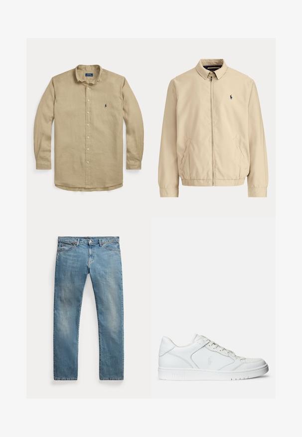 Beige lynlåstrøje med krave, elastisk kant, sidelommer og lille mørkt broderet logo på venstre bryst.; Beige langærmet skjorte med knapper, krave, forreste knapper og lille mørkeblå broderet logo på venstre bryst.; Lyseblå straight-leg denim jeans med forlommer, bæltestropper, knaplukning og let falmede detaljer.; Hvide lædersneakers med en glat tekstur, der har en perforeret tå, snørebåndslukning og broderet logo på siden. Hvid gummisål.