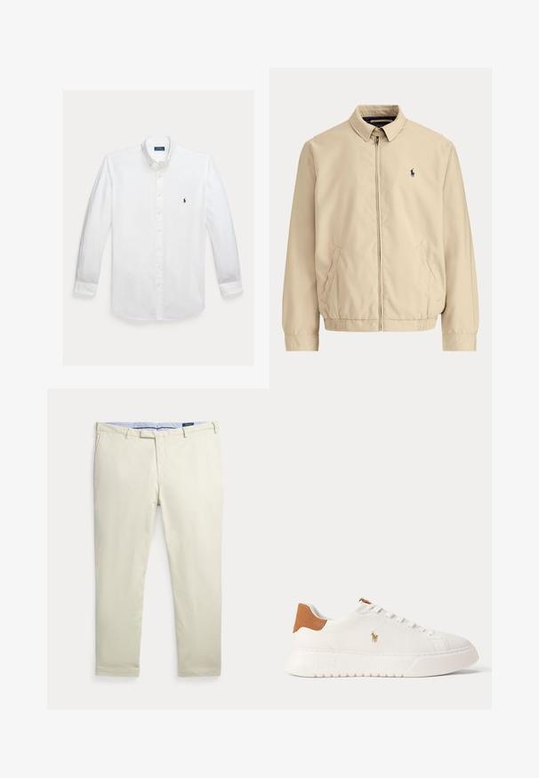 Beige jas met rits en kraag, elastische zoom, zijzakken en klein donker geborduurd logo op de linkerborst.; Witte blouse met lange mouwen, knoopsluiting, kraag en klein marineblauw Polo Ralph Lauren-logo geborduurd op de borst.; Beige rechtse herenbroek met riemlussen en voorzakken, plat gelegd op een witte achtergrond.; Witte lage sneaker met beige hieltab, witte veters en klein geborduurd polo spelerlogo aan de zijkant boven een dikke zool.