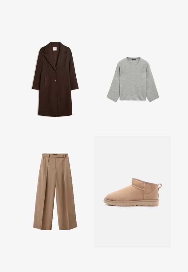 Manteau en mélange de laine marron avec un col cranté, deux poches avant et une fermeture à un bouton. Coupe droite avec manches longues.; Pull en maille gris clair avec larges manches trois-quarts et col rond, présenté sur fond blanc.; Pantalons à jambes larges en tissu marron clair. Les caractéristiques comprennent une taille haute, des plis sur le devant et deux poches latérales. Fini lisse et texturé.; Botte de cheville en daim beige avec un bout arrondi, une texture douce, un design simple et une semelle en caoutchouc à profil bas. Dispose d'une languette à l'arrière.