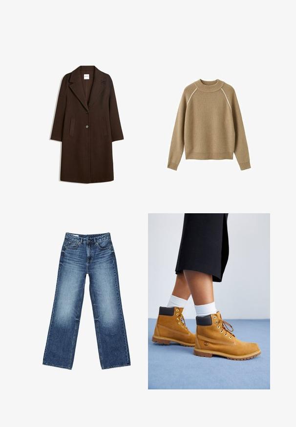 Manteau en mélange de laine marron avec un col cranté, deux poches avant et une fermeture à un bouton. Coupe droite avec manches longues.; Pull en maille côtelée beige à manches longues, col ras du cou, avec un discret liseré blanc le long des coutures d'épaule.; Jean en denim bleu avec un effet délavé sur les cuisses, coupe droite à jambes larges, fermeture avant avec bouton, fermeture éclair, et style cinq poches.; Bottines en suede beige avec des accents en cuir marron, des œillets dorés et une semelle texturée. Chaussettes blanches visibles au-dessus des bottines.