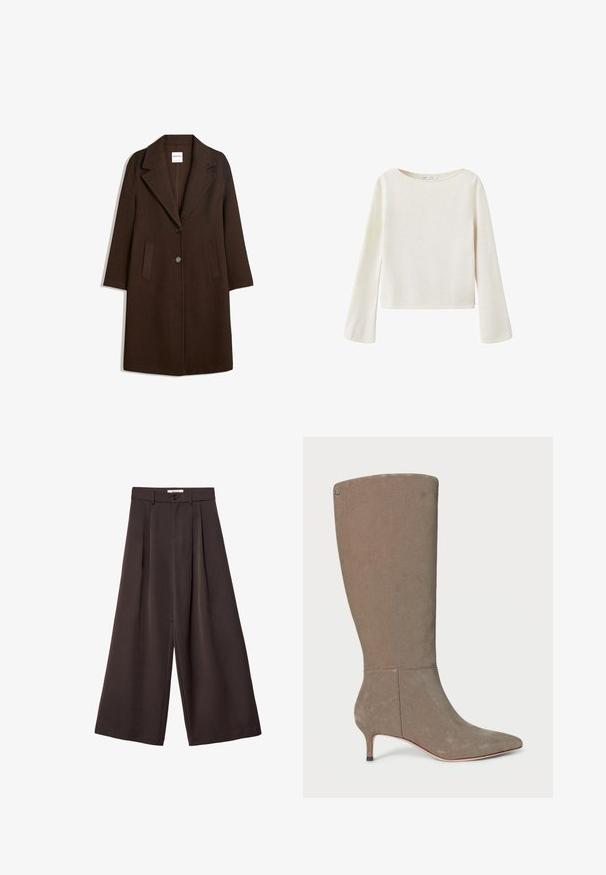 Brun uldblandingsfrakke med showsnedet revers, to frontlommer og en enkelt knaplukning. Ret snit med lange ærmer.; Off-white langærmet sweater med bred rund halsudskæring og let udvidede ærmer, lavet af blødt strikket stof.; Bukser med vidde i mørkebrun stof, med plisseringer, knaplukning og en glat tekstur; ankel-længde med et skræddersyet design.; Knæhøj grå ruskindstøvle med spids tå og lav hæl, der har et rent design og subtile lodrette sømdetaljer.