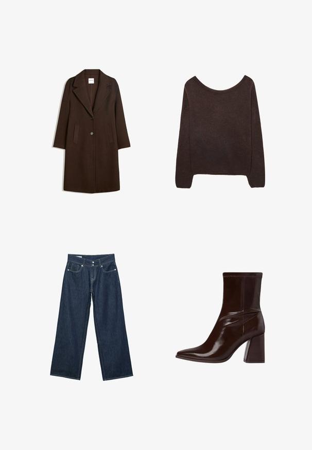 Manteau en mélange de laine marron avec un col cranté, deux poches avant et une fermeture à un bouton. Coupe droite avec manches longues.; Pull en tricot marron avec un col dénudé, des manches longues et des poignets à côtes. Texture douce avec une finition de surface lisse.; Jeans en denim bleu foncé à jambes larges avec fermeture à double bouton, poches avant et surpiqûres contrastantes sur fond blanc.; Bottine en cuir verni marron avec un bout pointu, une cheville élastique et un talon bloc épais. Design élégant avec une texture lisse.